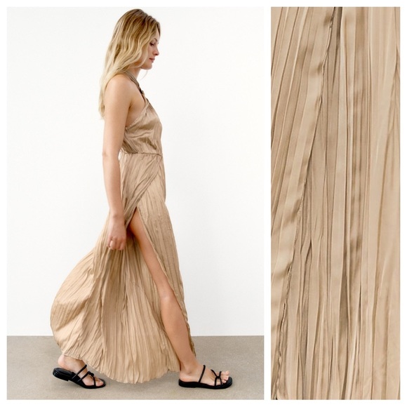 NWT. Zara Stone Satin Effect Wrinkle Look Halter Jumpsuit. Size XS. - Picture 3 of 11